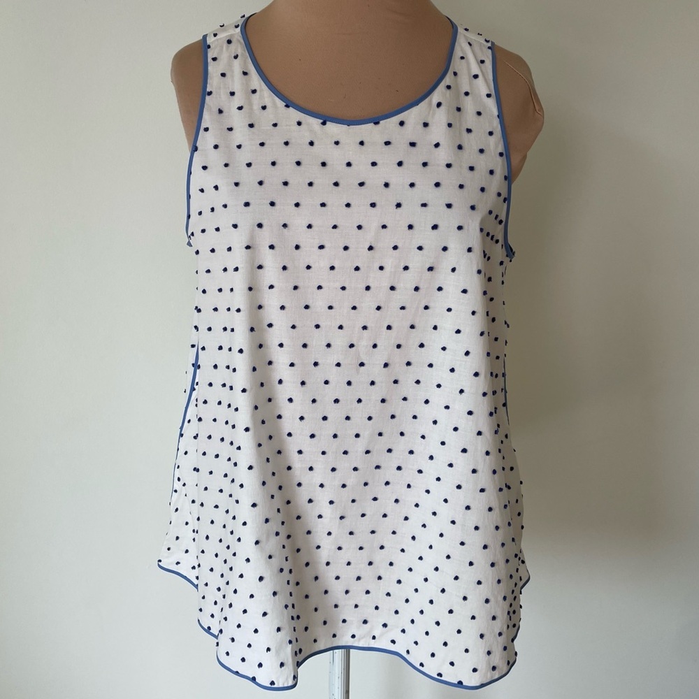 ODEEH White Stretch Cotton Blue Dot Trimmed Sleeveless Blouse Size DE 36/US 6